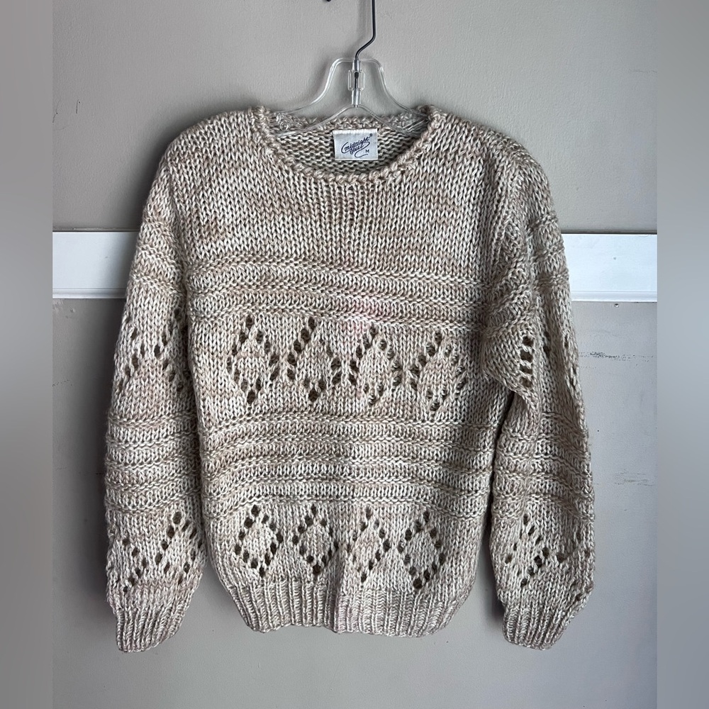 Hand-Knit Cream Diamond Openwork Crewneck Sweater